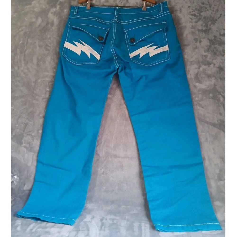 Kaalu Euro Mens Jeans 38 30L‎ Teal Cotton Denim Embroidered Lightening Flaw READ